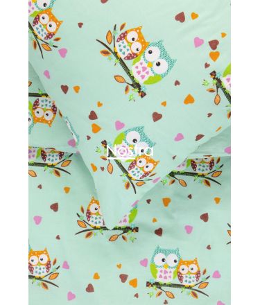 Children bedding set OWLS IN LOVE 10-0428-MINT 100x145, 40x60, 107x150 cm